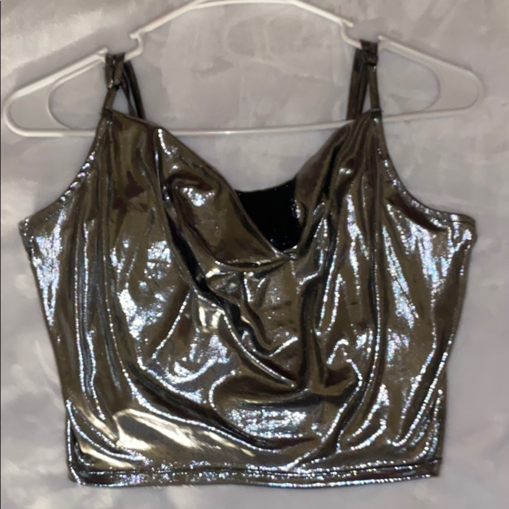 Silver Metallic Crop Cowl Neck Top